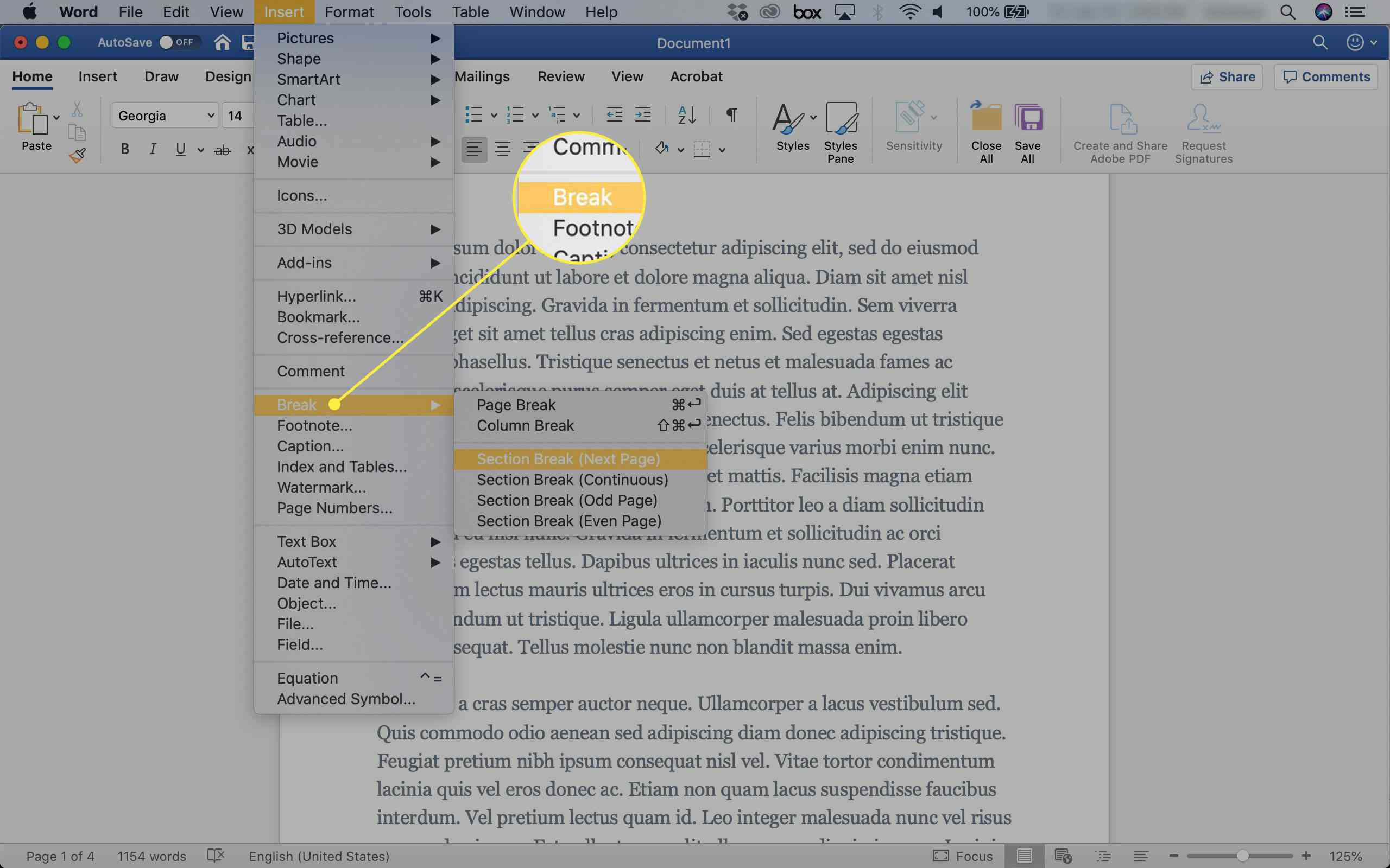 microsoft word for mac section breaks and page footers